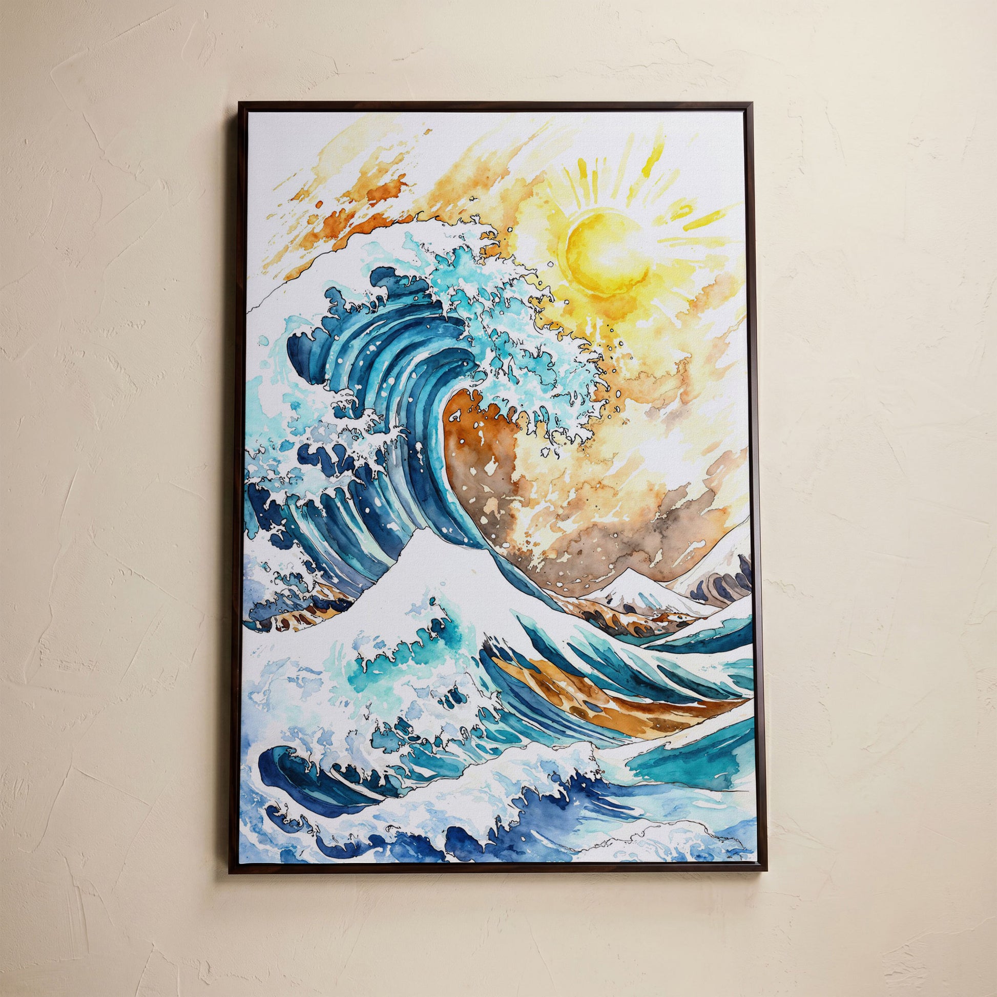 Ocean Wave Under Bright Sun Canvas Print, Watercolor Seascape in dark walnut floating frame
