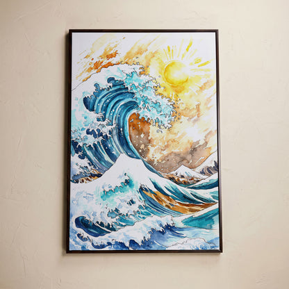 Ocean Wave Under Bright Sun Canvas Print, Watercolor Seascape in dark walnut floating frame
