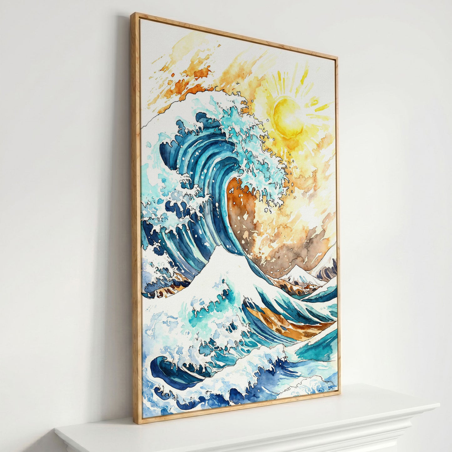 Ocean Wave Under Bright Sun Canvas Print, Watercolor Seascape in white oak floating frame