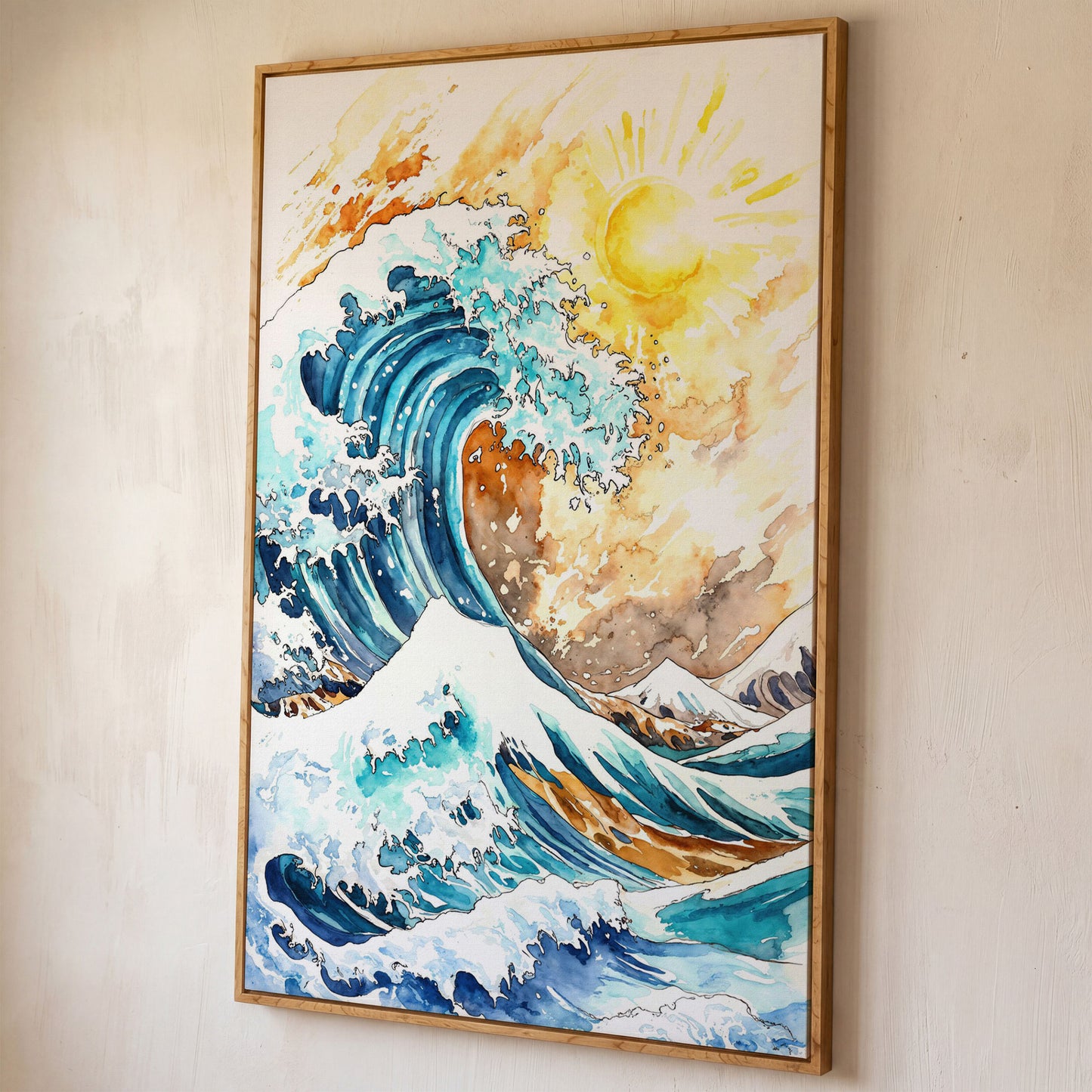 Ocean Wave Under Bright Sun Canvas Print, Watercolor Seascape shown in white oak floating frame