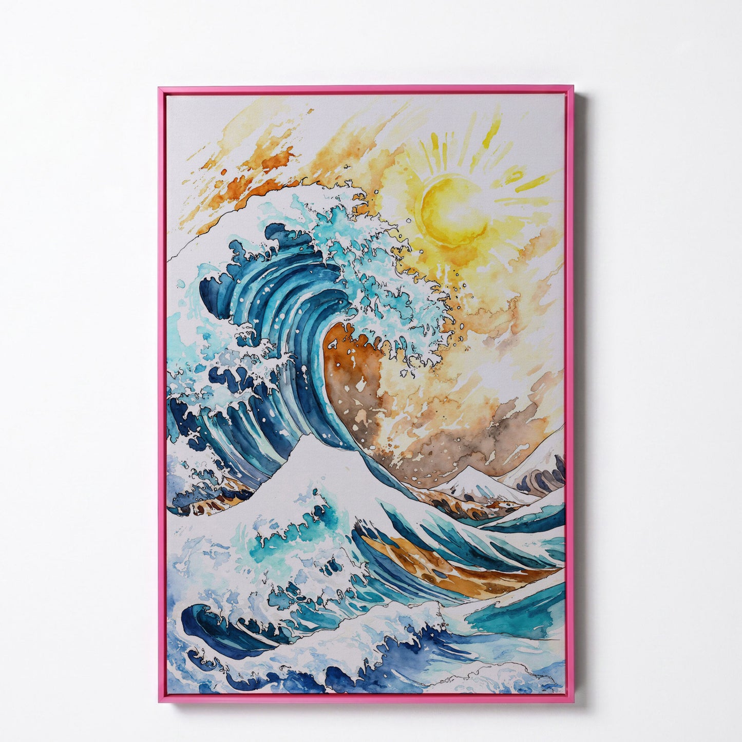 Ocean Wave Under Bright Sun Canvas Print, Watercolor Seascape in pink floating frame