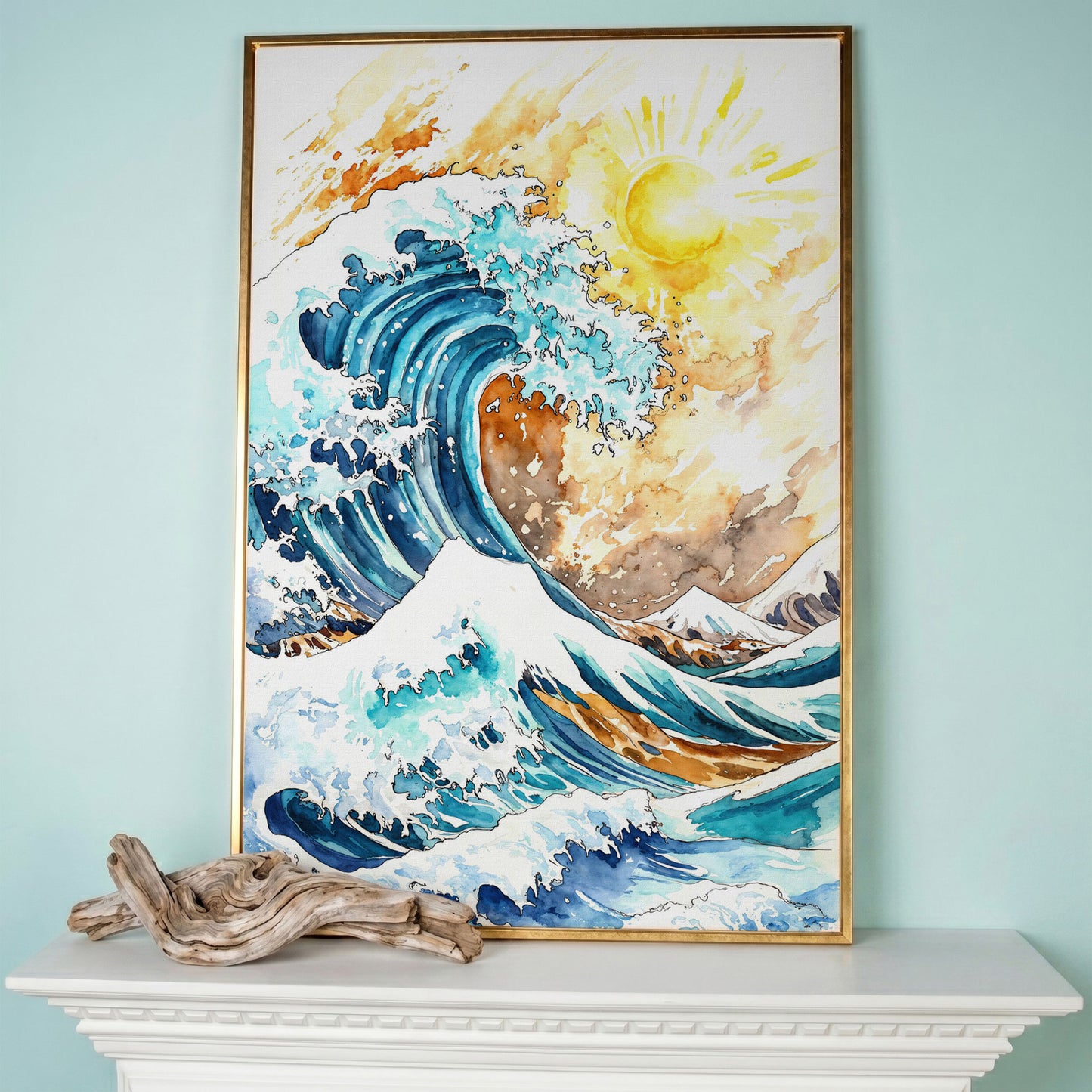 Ocean Wave Under Bright Sun Canvas Print, Watercolor Seascape in rose gold floating frame