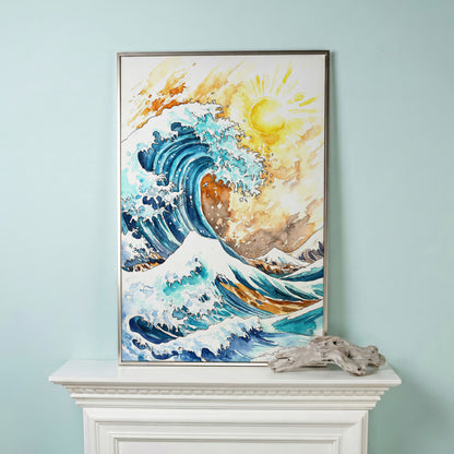 Ocean Wave Under Bright Sun Canvas Print, Watercolor Seascape in silver floating frame