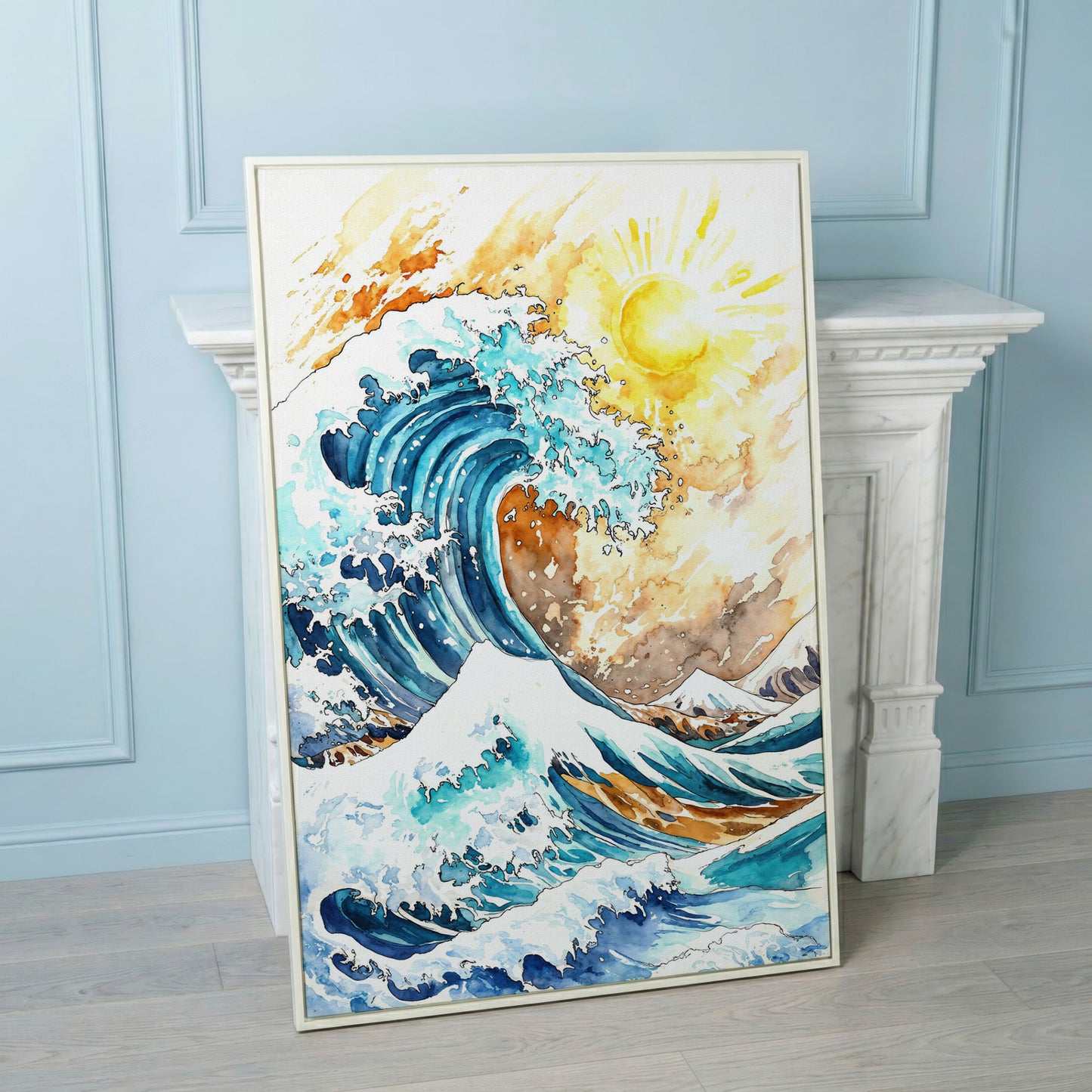 Ocean Wave Under Bright Sun Canvas Print, Watercolor Seascape in white floating frame