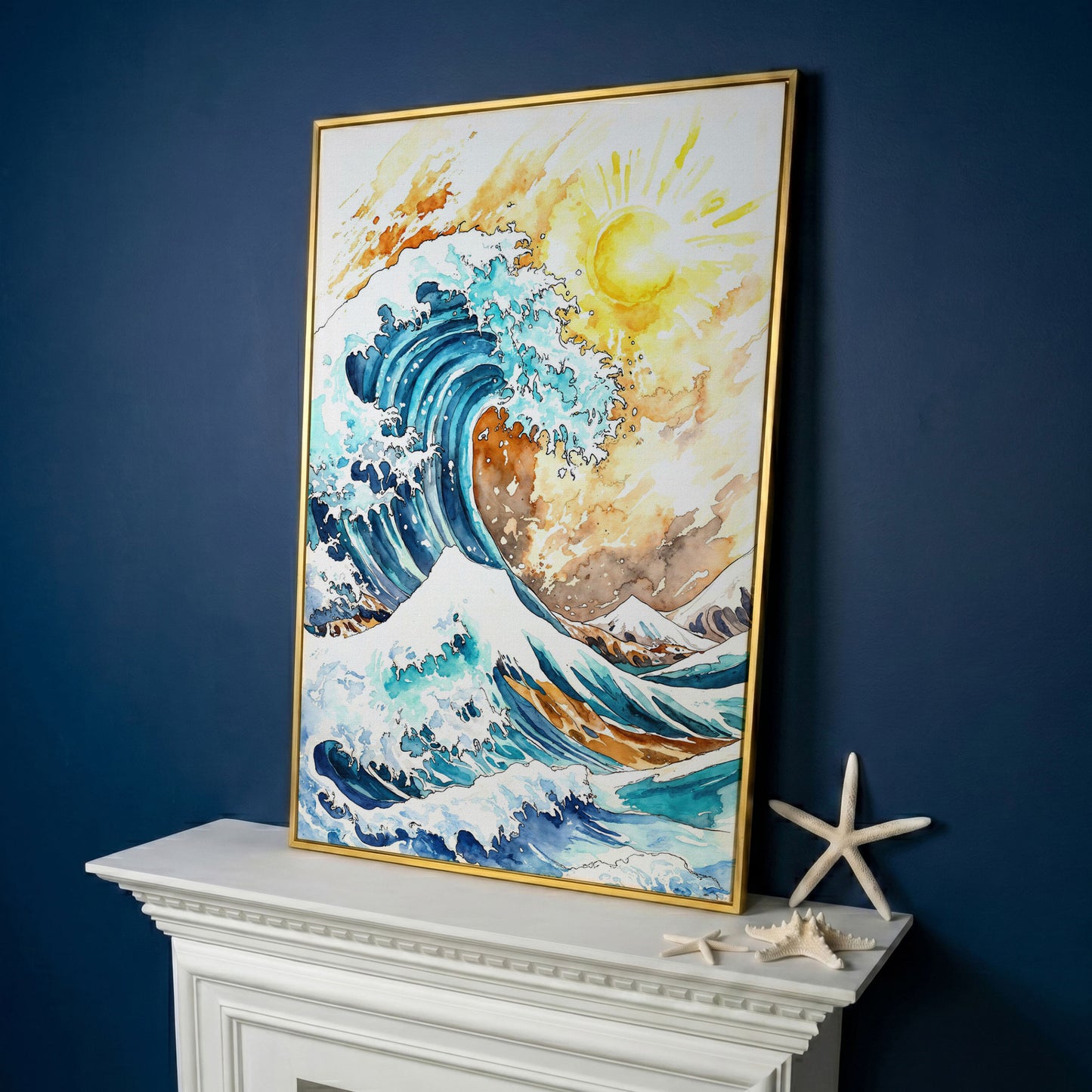 Ocean Wave Under Bright Sun Canvas Print, Watercolor Seascape in yellow gold floating frame