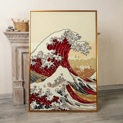 Great Wave off Kanagawa Canvas Art, Ukiyo-e Wall Print in antique gold floating frame