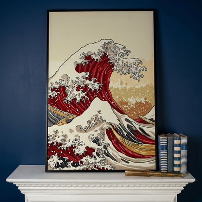 Great Wave off Kanagawa Canvas Art, Ukiyo-e Wall Print in black floating frame