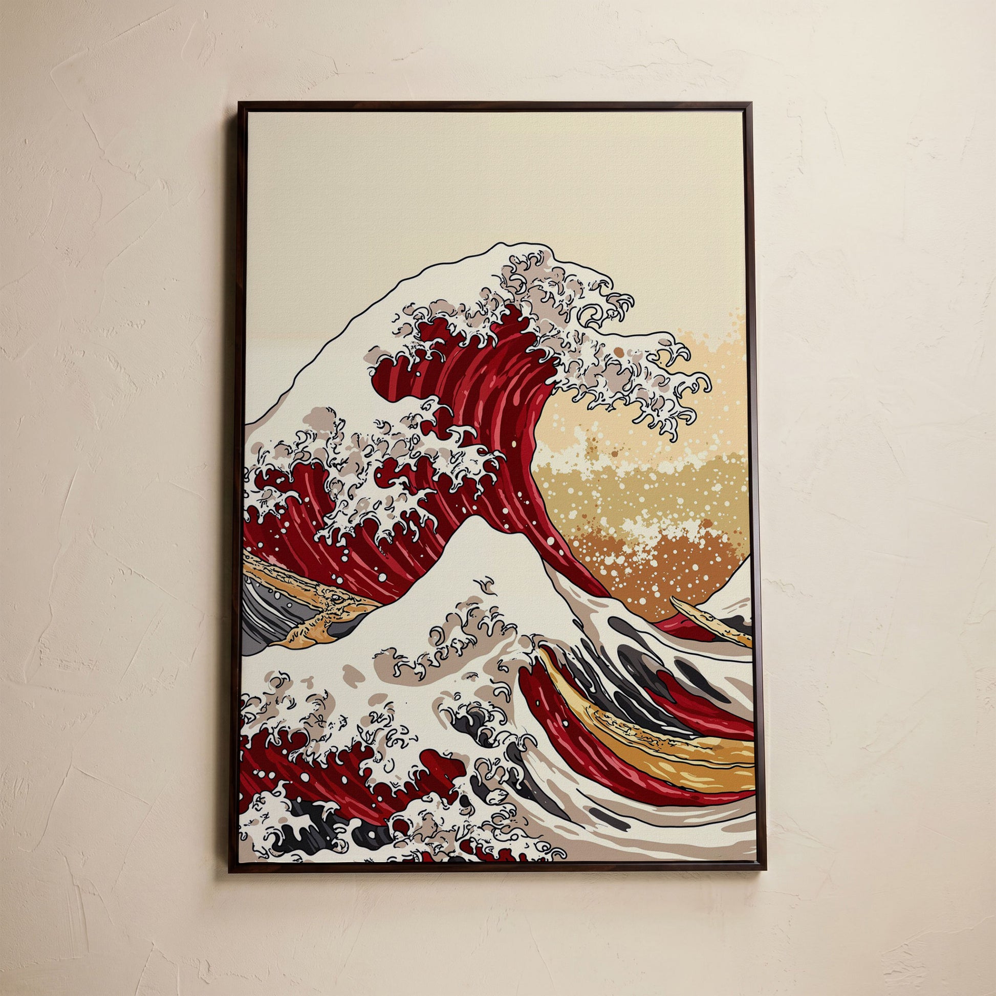 Great Wave off Kanagawa Canvas Art, Ukiyo-e Wall Print in dark walnut floating frame