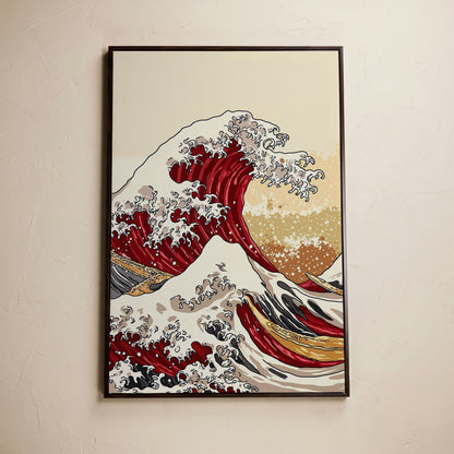 Great Wave off Kanagawa Canvas Art, Ukiyo-e Wall Print in dark walnut floating frame