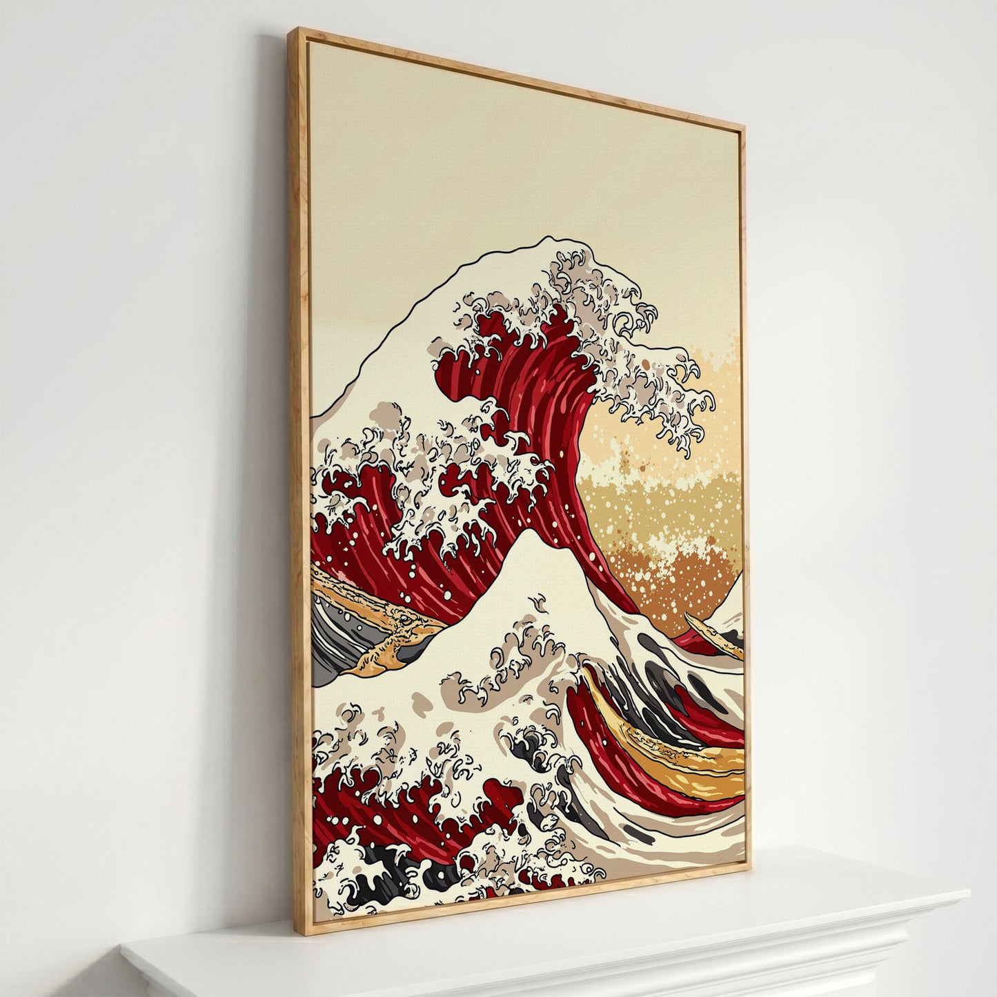 Great Wave off Kanagawa Canvas Art, Ukiyo-e Wall Print in white oak floating frame