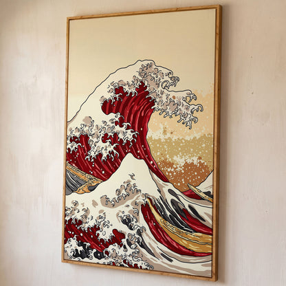 Great Wave off Kanagawa Canvas Art, Ukiyo-e Wall Print shown in white oak floating frame