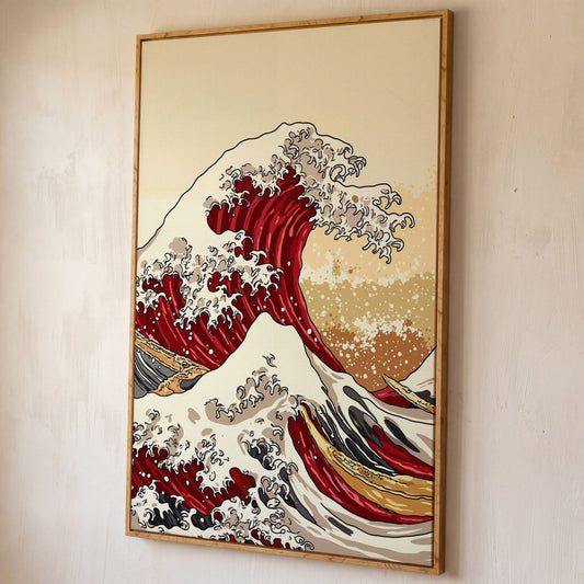 Great Wave off Kanagawa Canvas Art, Ukiyo-e Wall Print shown in white oak floating frame