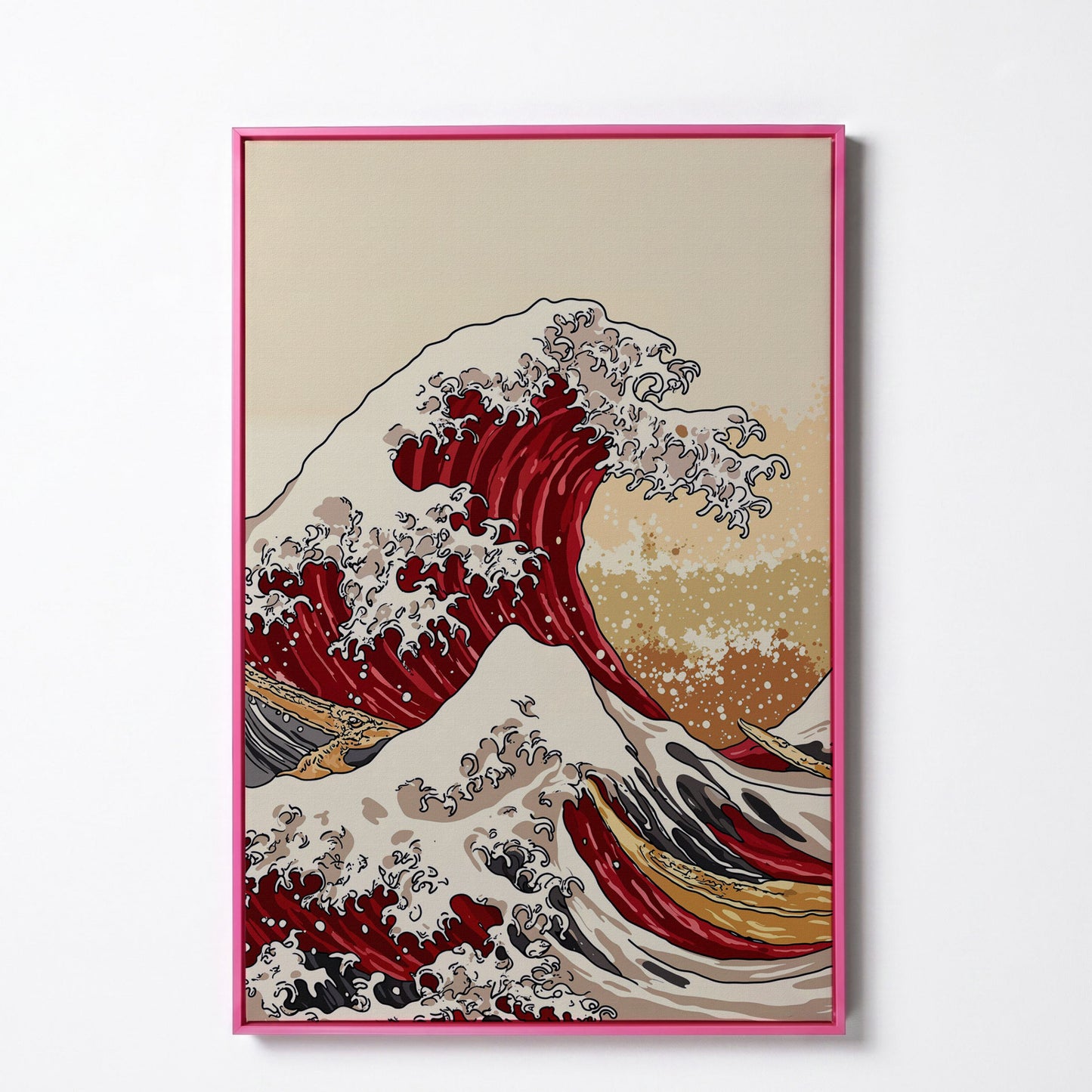 Great Wave off Kanagawa Canvas Art, Ukiyo-e Wall Print in pink floating frame