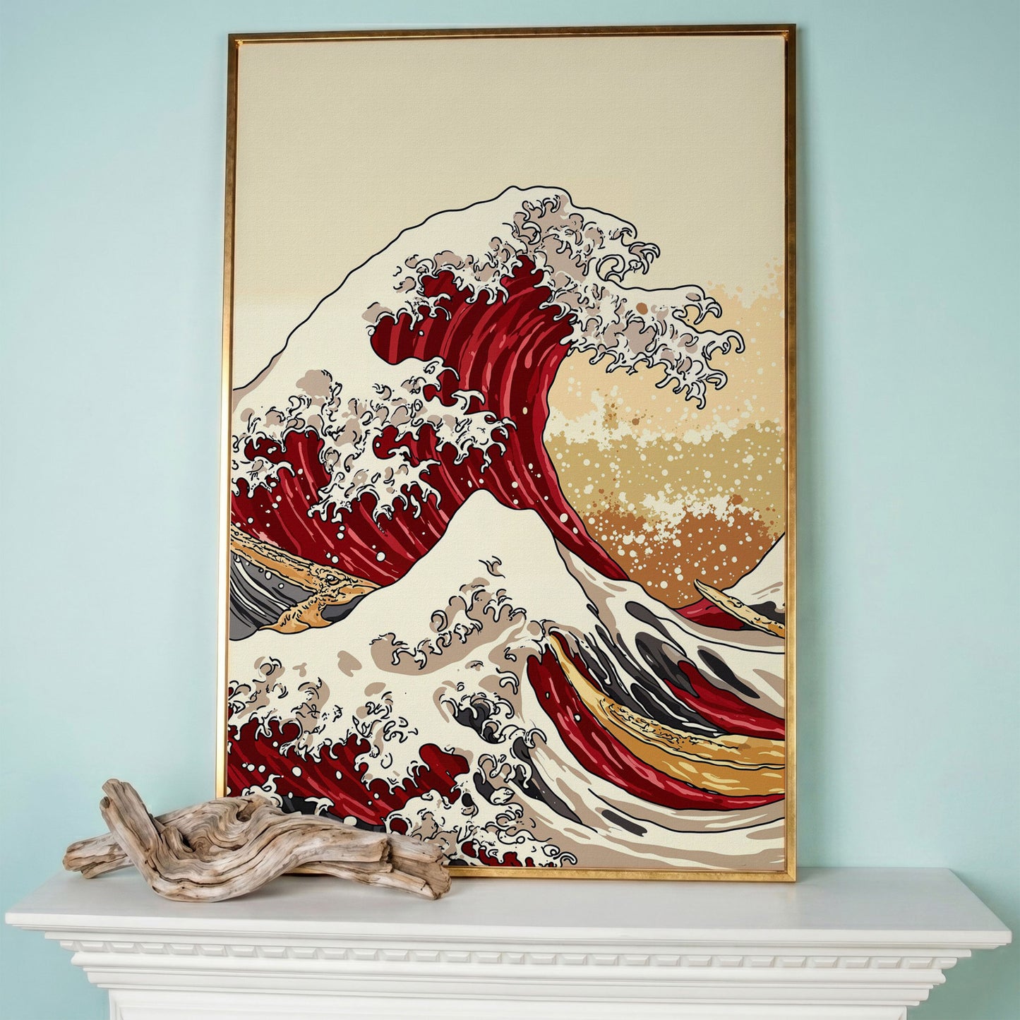 Great Wave off Kanagawa Canvas Art, Ukiyo-e Wall Print in rose gold floating frame