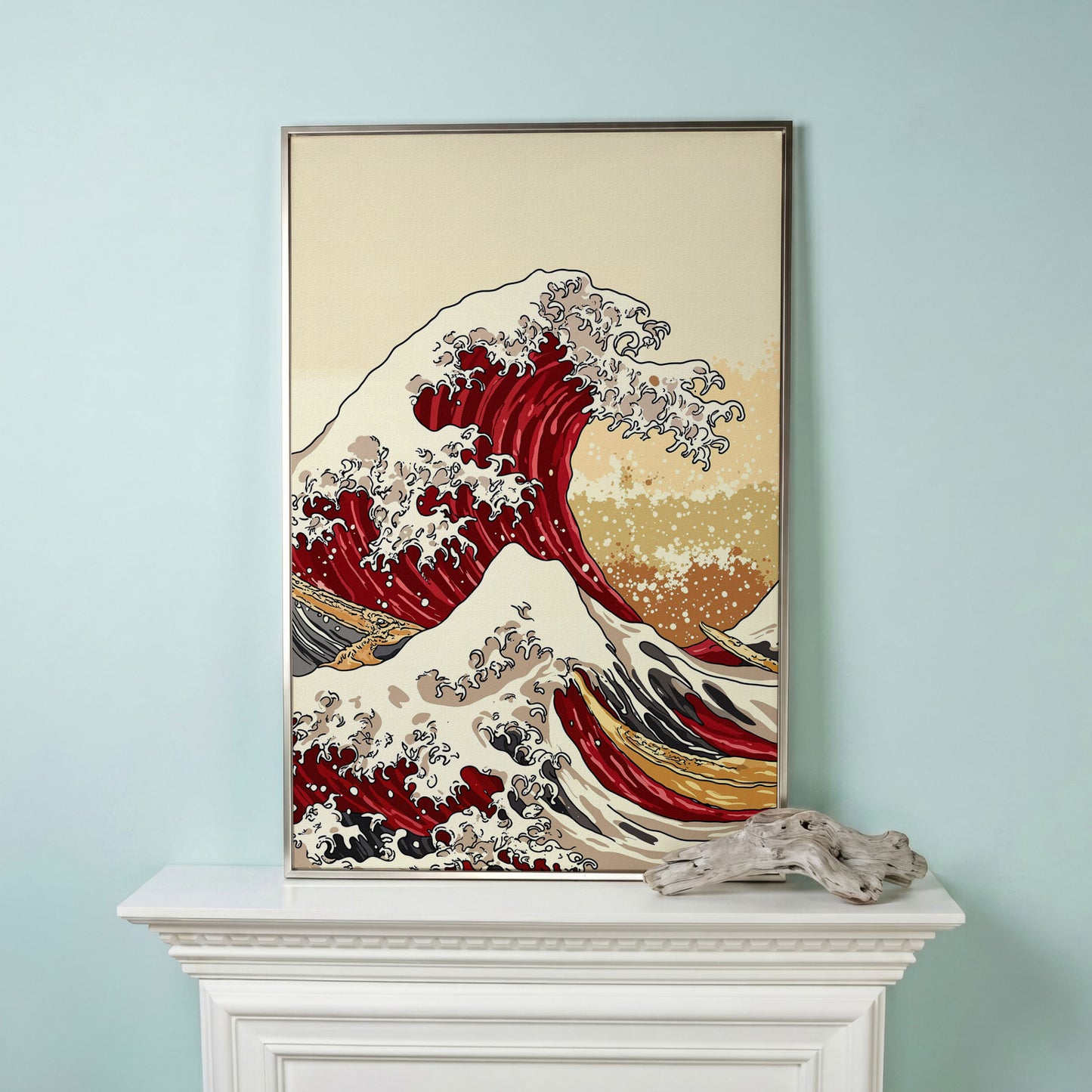 Great Wave off Kanagawa Canvas Art, Ukiyo-e Wall Print in silver floating frame
