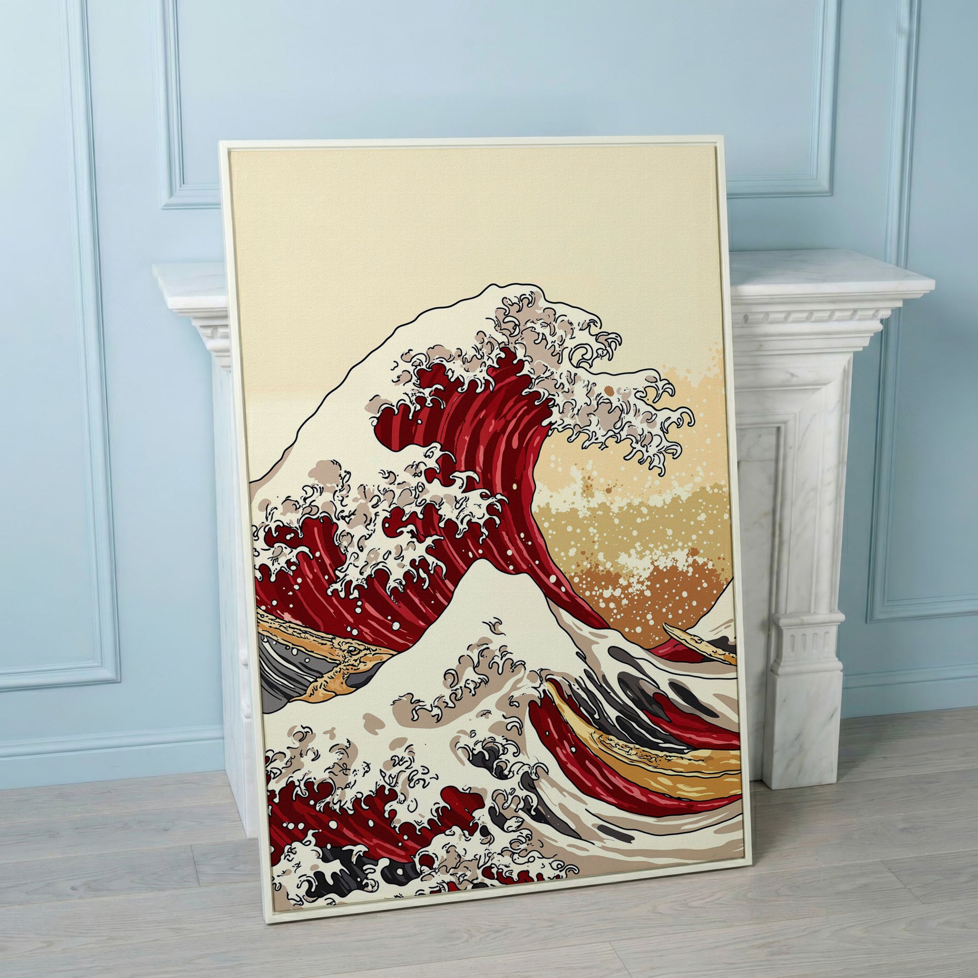 Great Wave off Kanagawa Canvas Art, Ukiyo-e Wall Print in white floating frame
