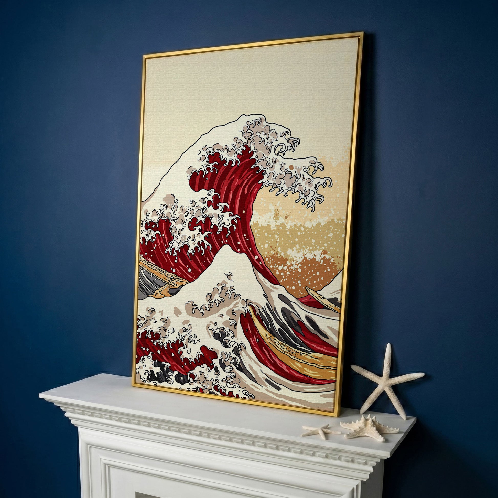 Great Wave off Kanagawa Canvas Art, Ukiyo-e Wall Print in yellow gold floating frame