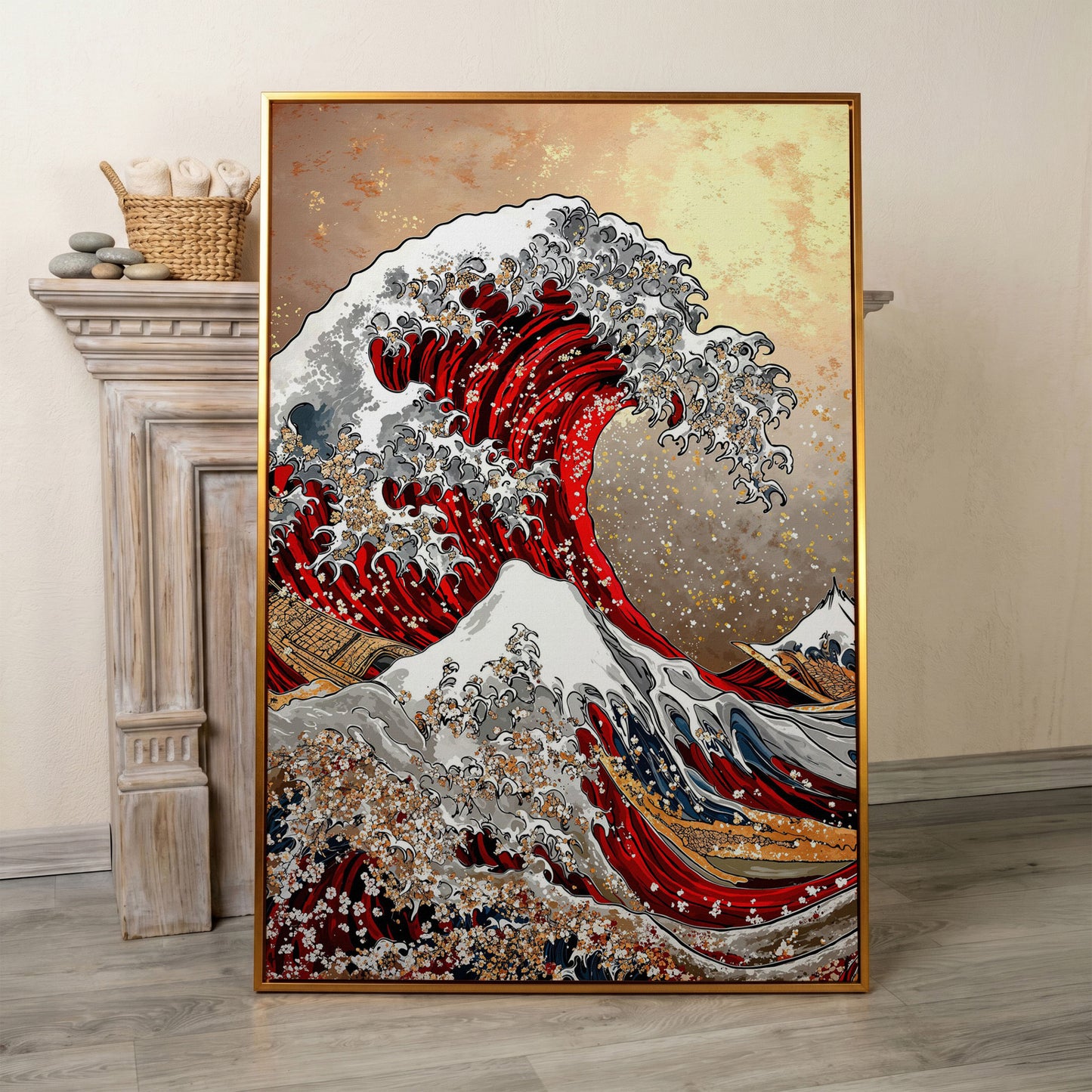 Great Wave Canvas Art, Hokusai-Inspired Ocean Wall Print in antique gold floating frame
