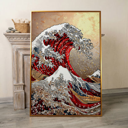 Great Wave Canvas Art, Hokusai-Inspired Ocean Wall Print in antique gold floating frame