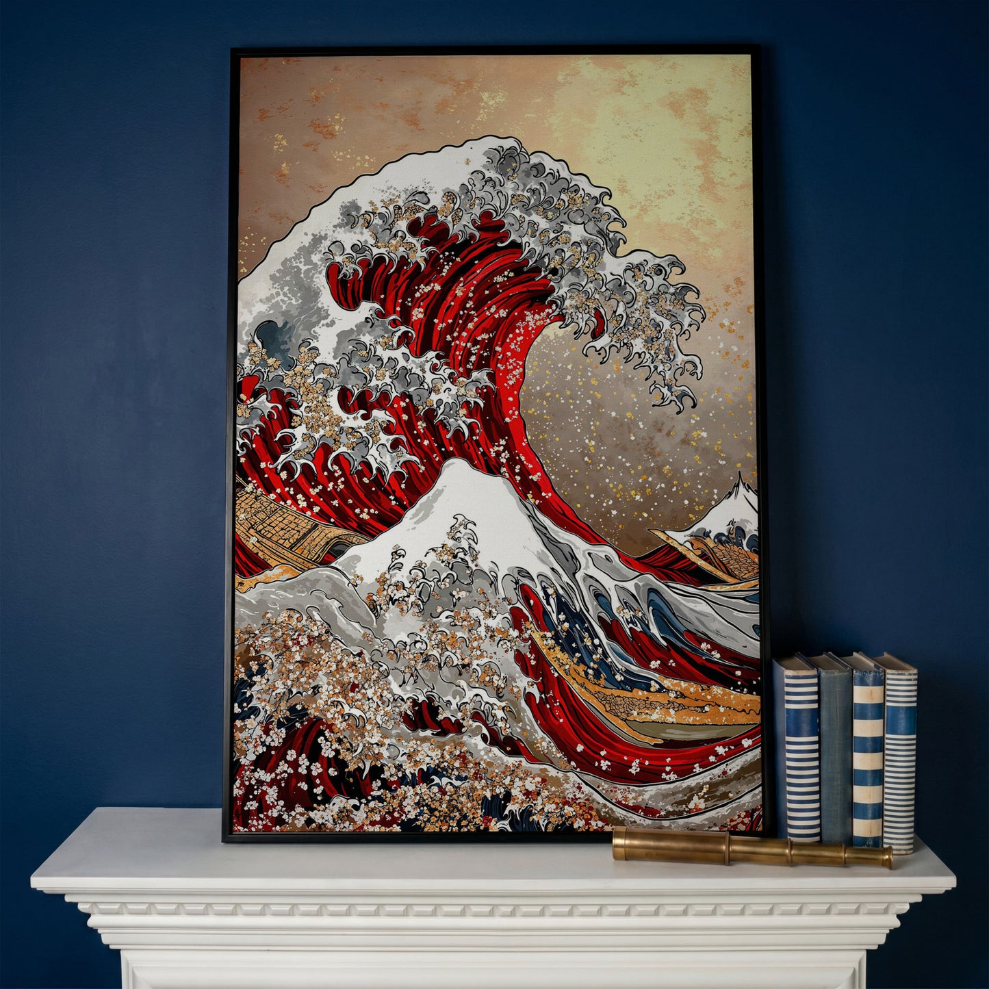 Great Wave Canvas Art, Hokusai-Inspired Ocean Wall Print in black floating frame