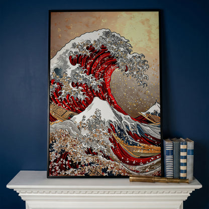 Great Wave Canvas Art, Hokusai-Inspired Ocean Wall Print in black floating frame