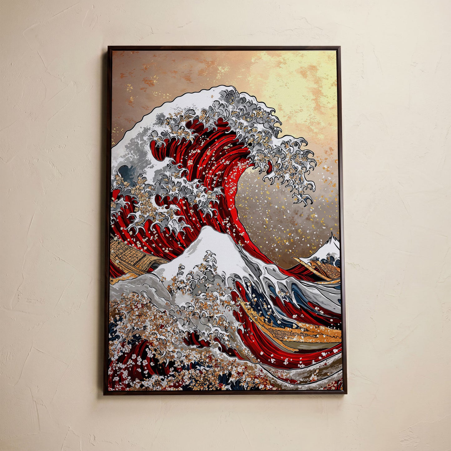 Great Wave Canvas Art, Hokusai-Inspired Ocean Wall Print in dark walnut floating frame