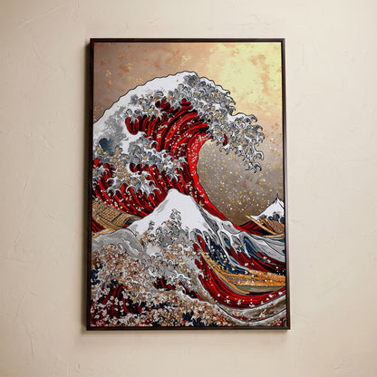 Great Wave Canvas Art, Hokusai-Inspired Ocean Wall Print in dark walnut floating frame