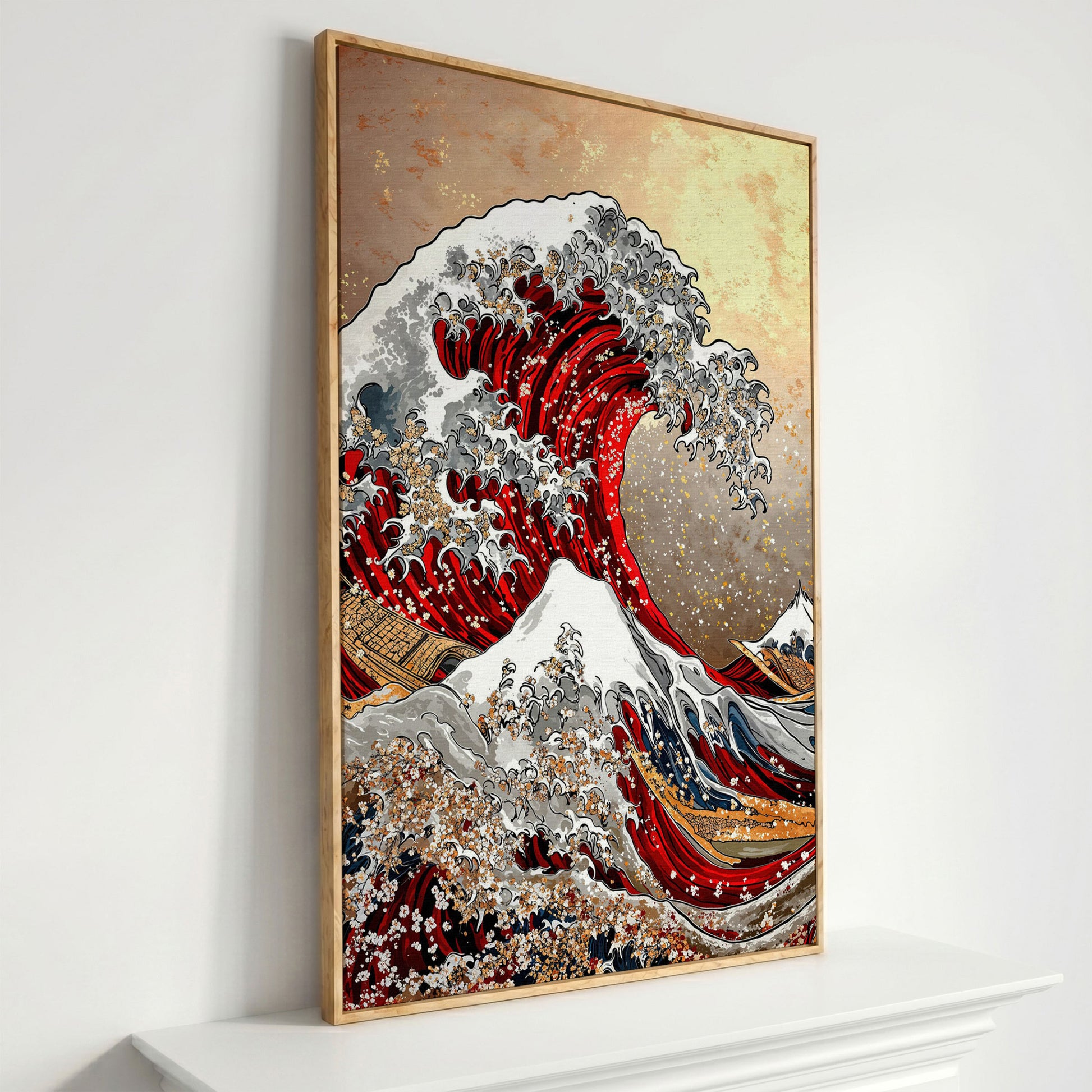 Great Wave Canvas Art, Hokusai-Inspired Ocean Wall Print in white oak floating frame
