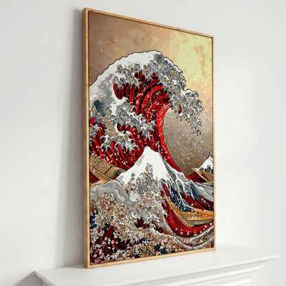 Great Wave Canvas Art, Hokusai-Inspired Ocean Wall Print in white oak floating frame