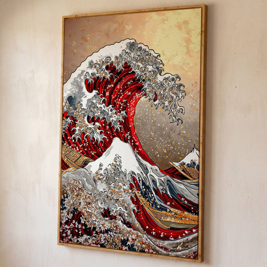 Great Wave Canvas Art, Hokusai-Inspired Ocean Wall Print shown in white oak floating frame