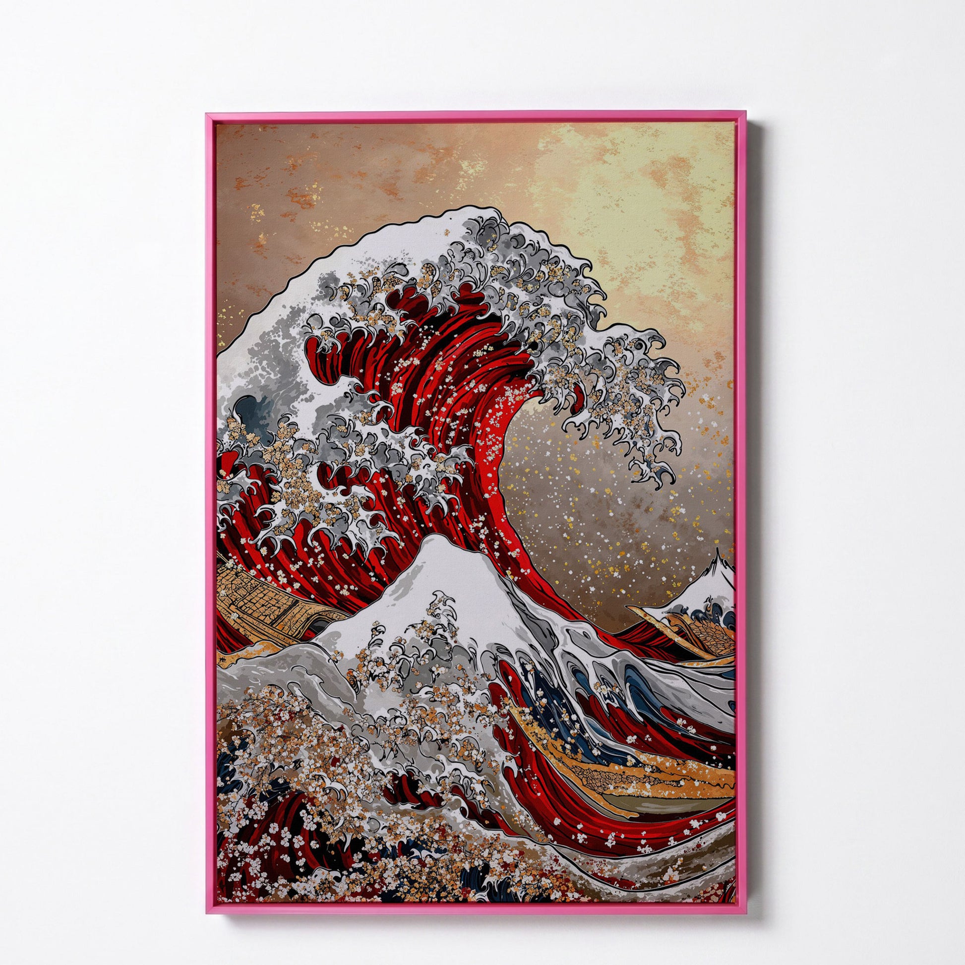 Great Wave Canvas Art, Hokusai-Inspired Ocean Wall Print in pink floating frame
