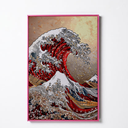 Great Wave Canvas Art, Hokusai-Inspired Ocean Wall Print in pink floating frame