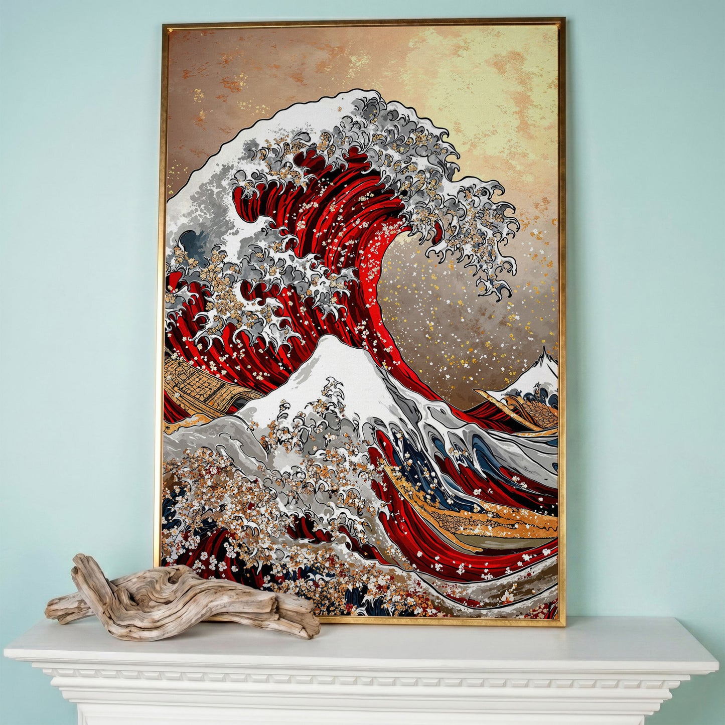 Great Wave Canvas Art, Hokusai-Inspired Ocean Wall Print in rose gold floating frame