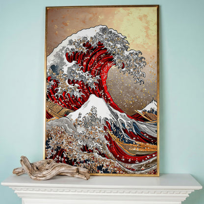 Great Wave Canvas Art, Hokusai-Inspired Ocean Wall Print in rose gold floating frame