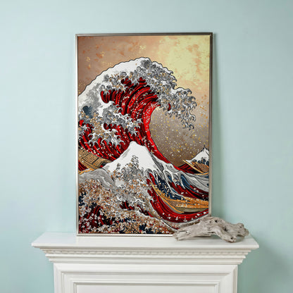 Great Wave Canvas Art, Hokusai-Inspired Ocean Wall Print in silver floating frame