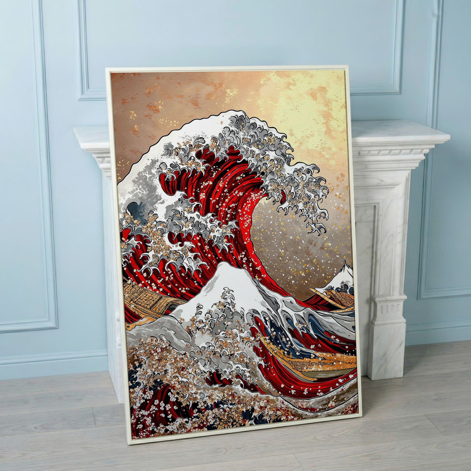 Great Wave Canvas Art, Hokusai-Inspired Ocean Wall Print in white floating frame