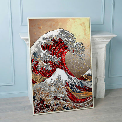 Great Wave Canvas Art, Hokusai-Inspired Ocean Wall Print in white floating frame