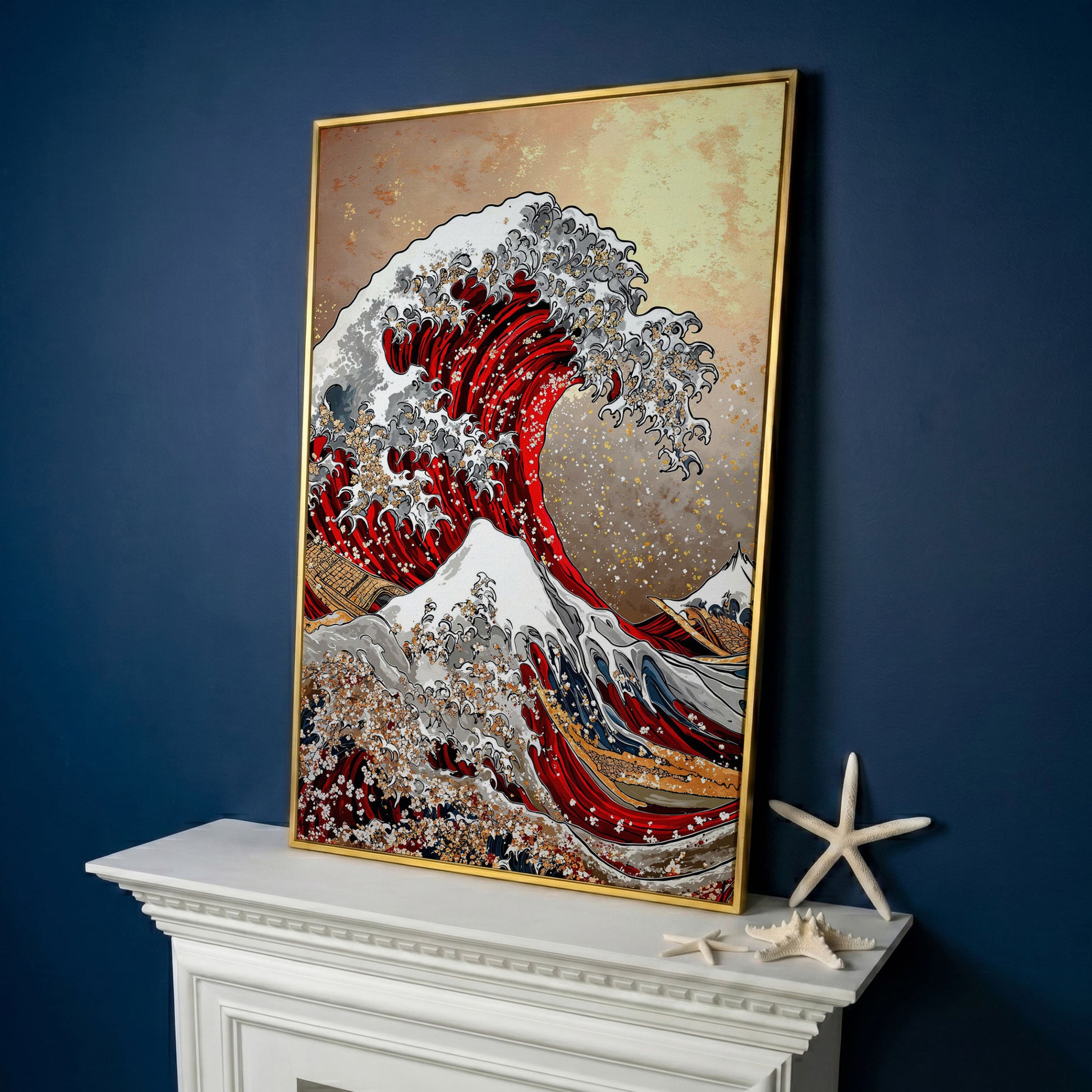 Great Wave Canvas Art, Hokusai-Inspired Ocean Wall Print in yellow gold floating frame