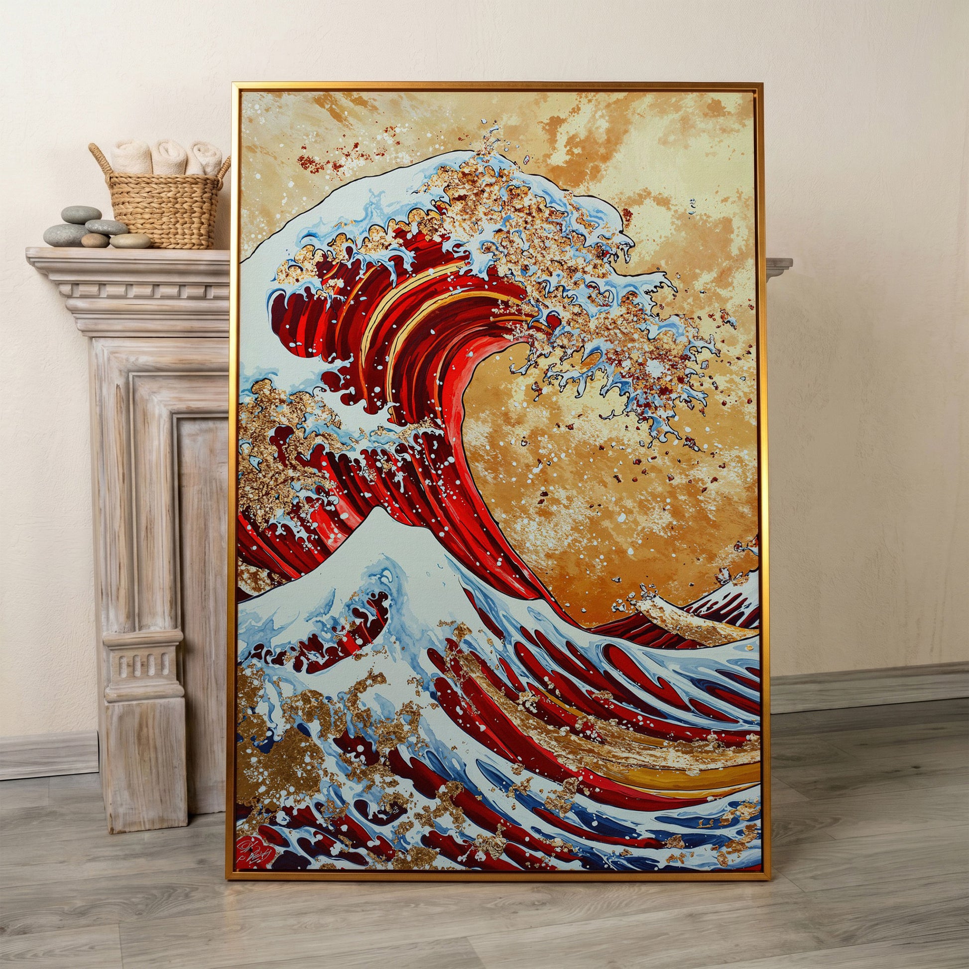 Modern Great Wave Canvas Art in Red and Gold in antique gold floating frame
