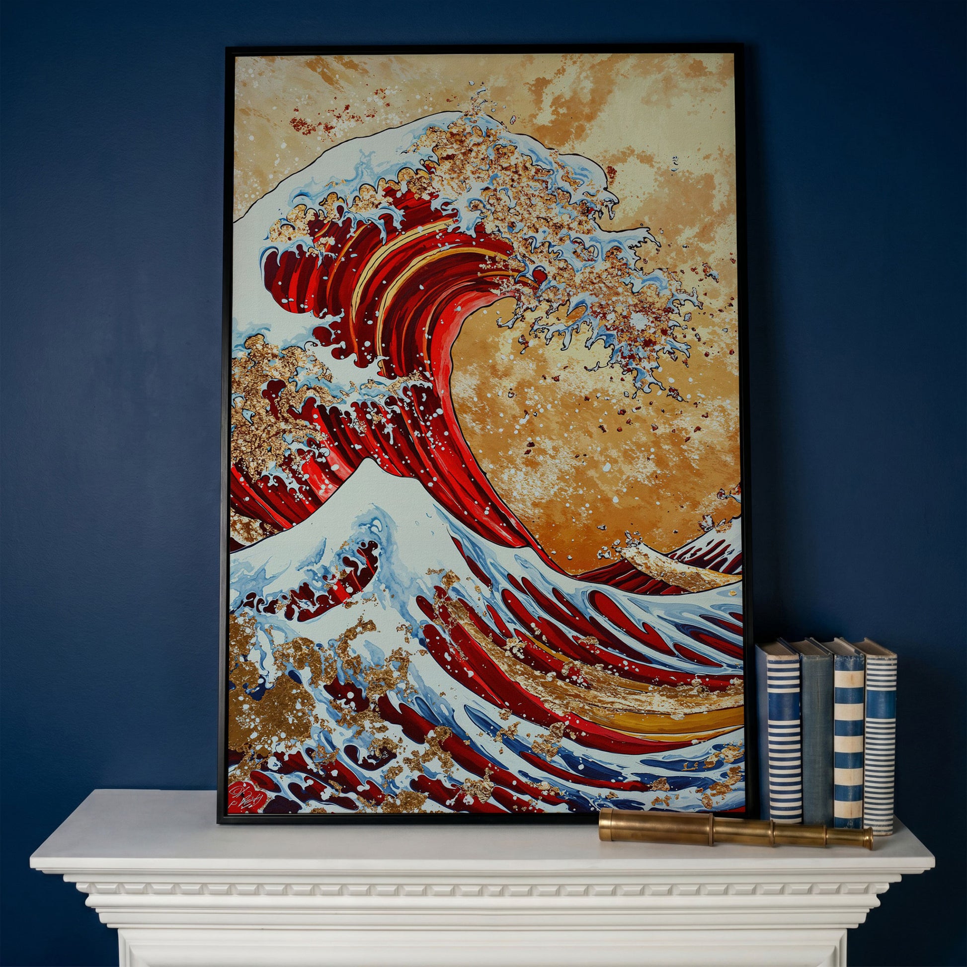 Modern Great Wave Canvas Art in Red and Gold in black floating frame