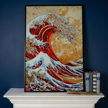 Modern Great Wave Canvas Art in Red and Gold in black floating frame
