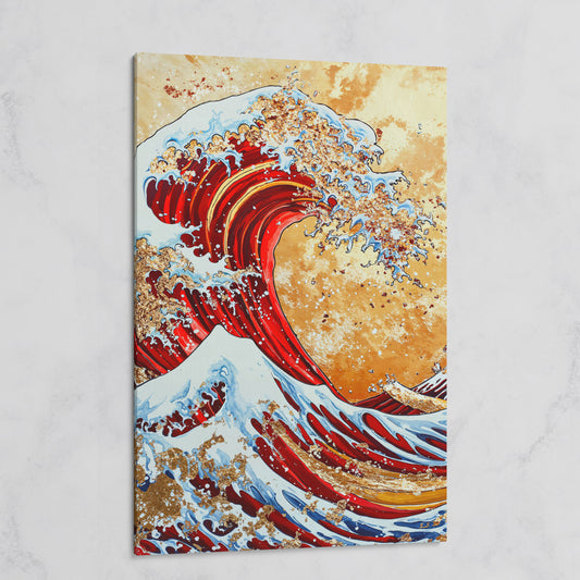 Modern Great Wave Canvas Art in Red and Gold on gallery wrap