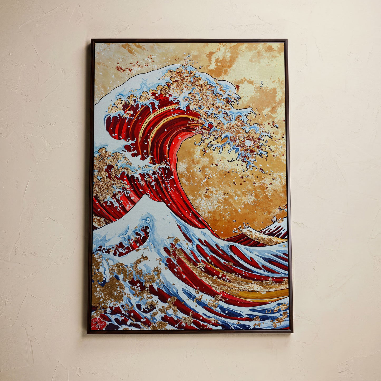Modern Great Wave Canvas Art in Red and Gold in dark walnut floating frame