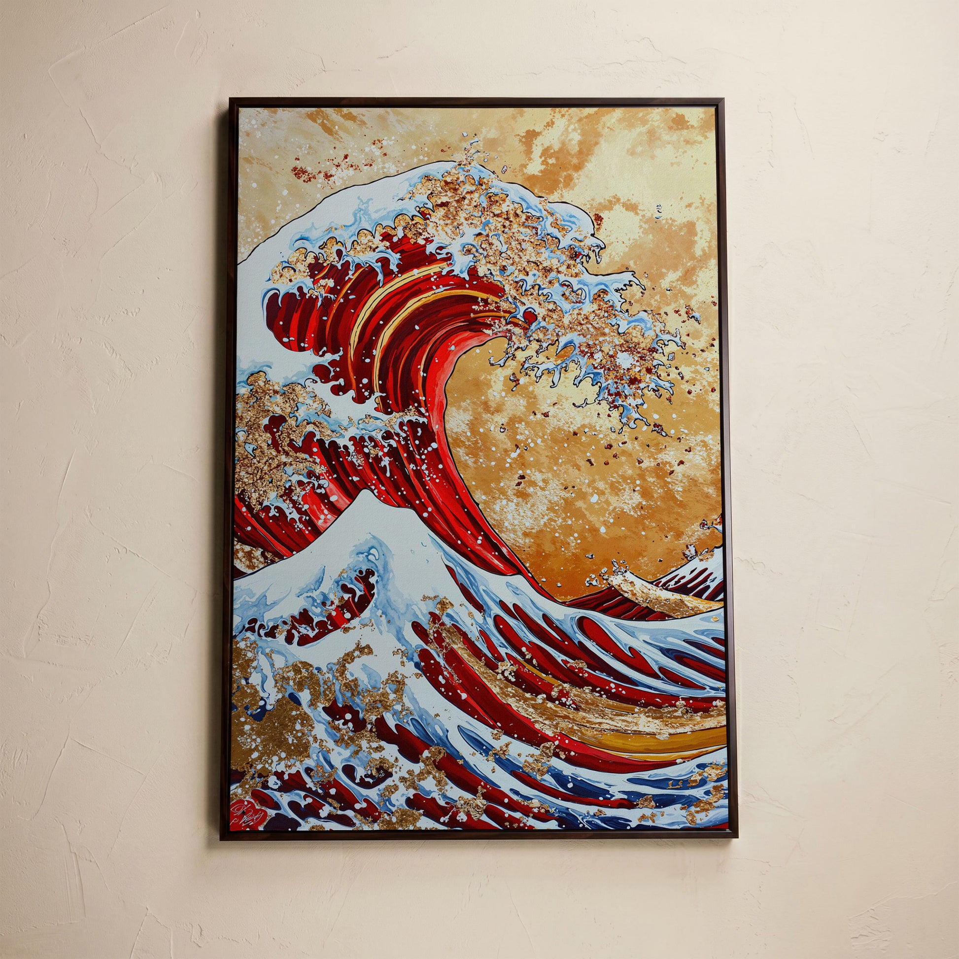 Modern Great Wave Canvas Art in Red and Gold in dark walnut floating frame