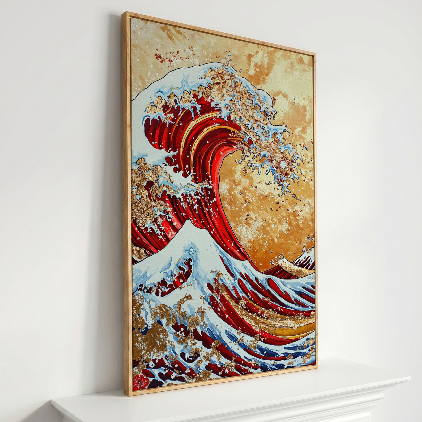 Modern Great Wave Canvas Art in Red and Gold in white oak floating frame