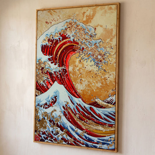 Modern Great Wave Canvas Art in Red and Gold shown in white oak floating frame