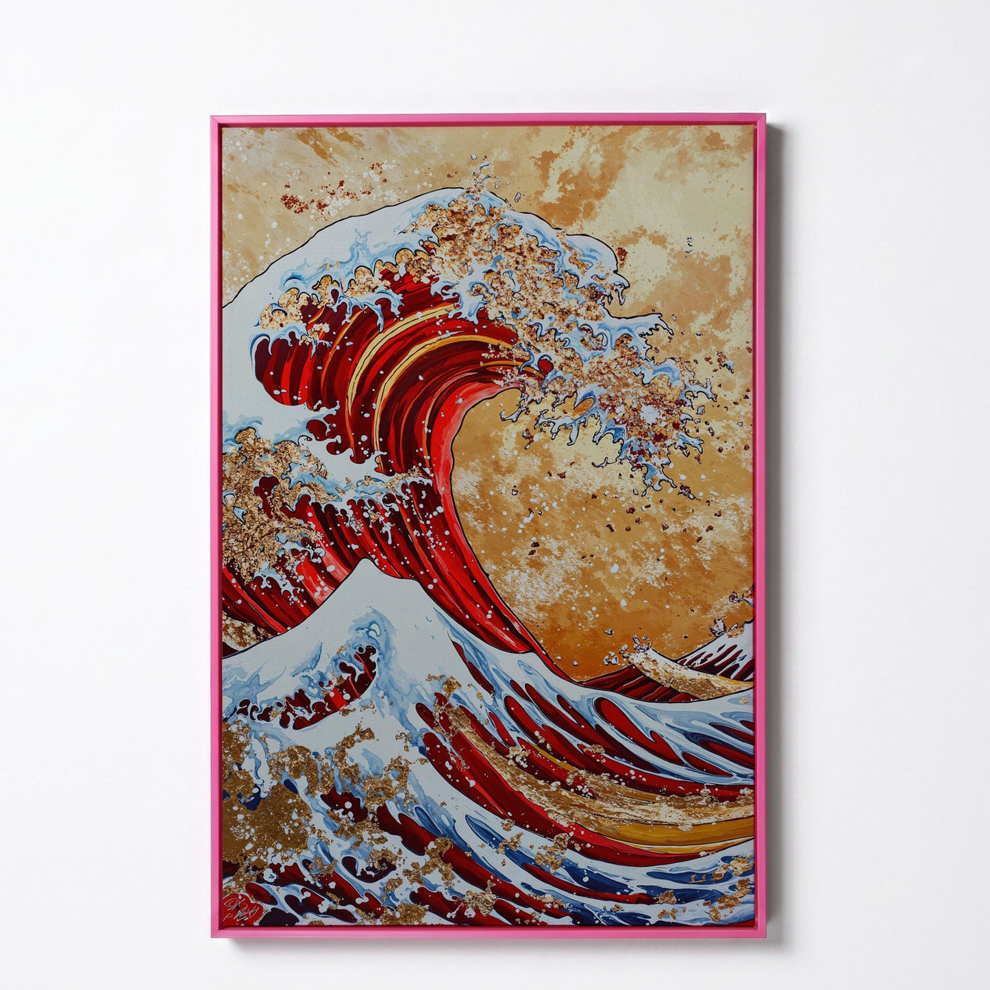 Modern Great Wave Canvas Art in Red and Gold in pink floating frame