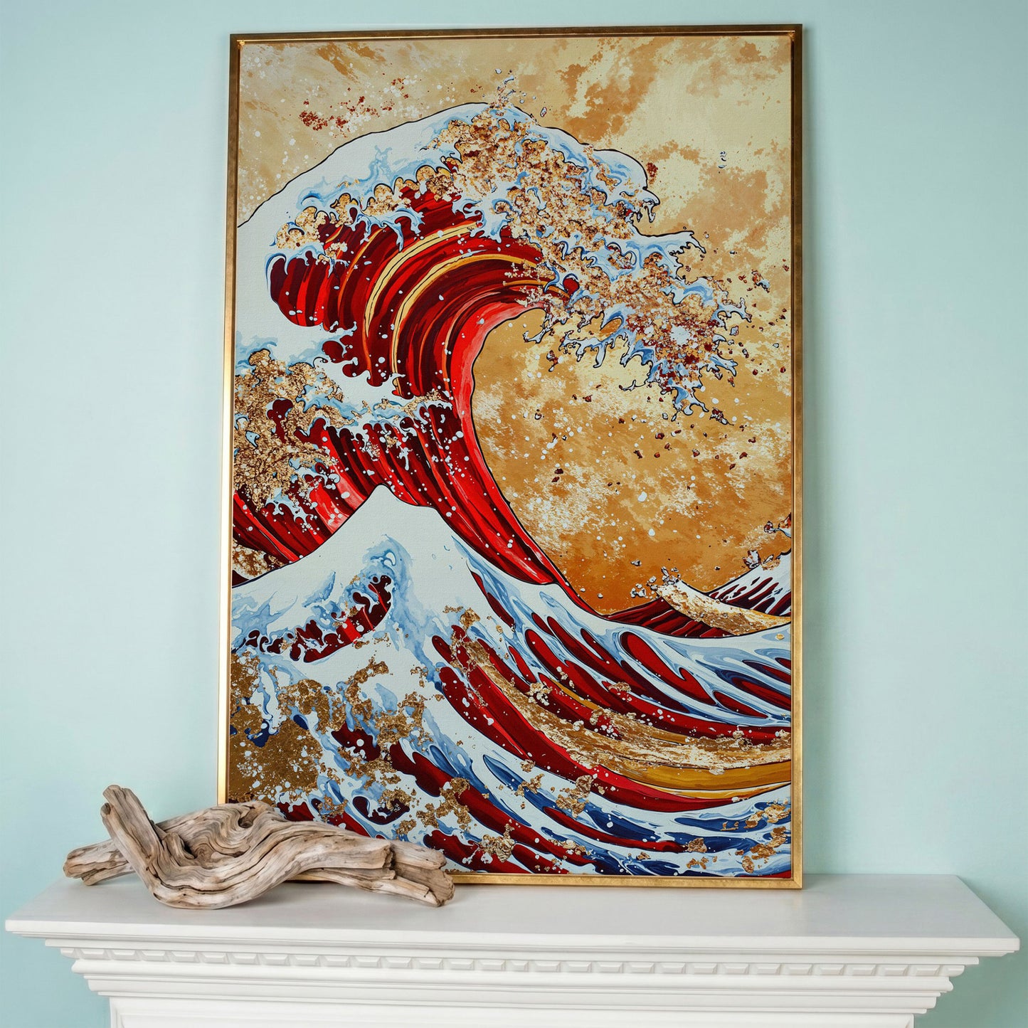 Modern Great Wave Canvas Art in Red and Gold in rose gold floating frame