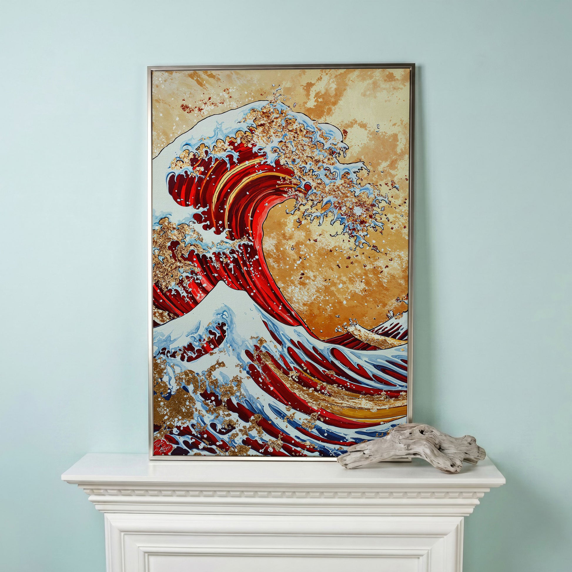 Modern Great Wave Canvas Art in Red and Gold in silver floating frame