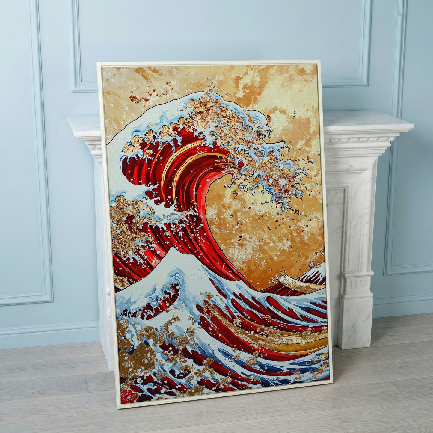 Modern Great Wave Canvas Art in Red and Gold in white floating frame